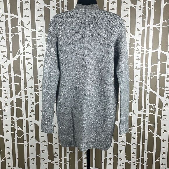 Silver Metallic Painted Wool Blend Longline Open Front Cardigan Sweater S - Picture 4 of 8